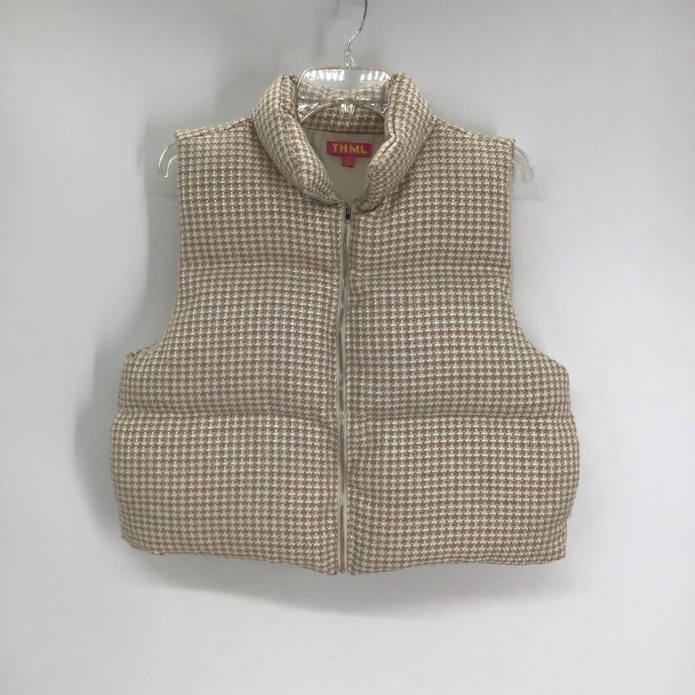 THML Womn’s Puffer Vest Semi-Cropped Houndstooth Tan Winter Size Medium